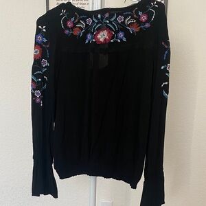 Xhilaration Black Long Sleeve Top with Multicolor Floral Embroidery